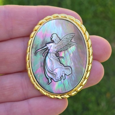 Vintage Guardian Angel Brooch or Pendant Mother of Pearl Cameo Spiritual Jewelry