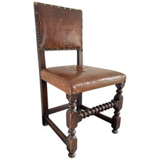 Antique Jacobean Oak Leather Studded Hall Desk Chair Original Back Pad Old 17thC