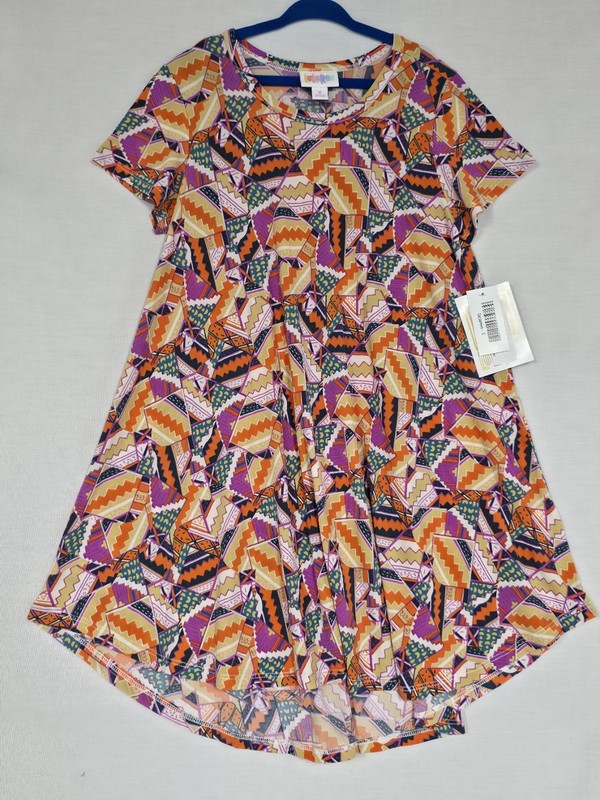 LuLaRoe Girls Scarlett Swing Dress Size 8 Orange/Purple Geometric Print Pattern 