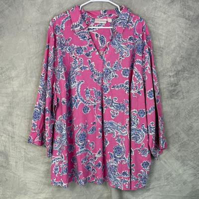 #ad Belle Kim Gravel Pink Paisley Tunic Top 5X Linen Blend Beach Preppy Coastal $25.60