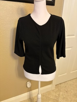 Muy Muy Fancy Collection, Black Ribbed Knit Black Top With Center Seam, L, Crop