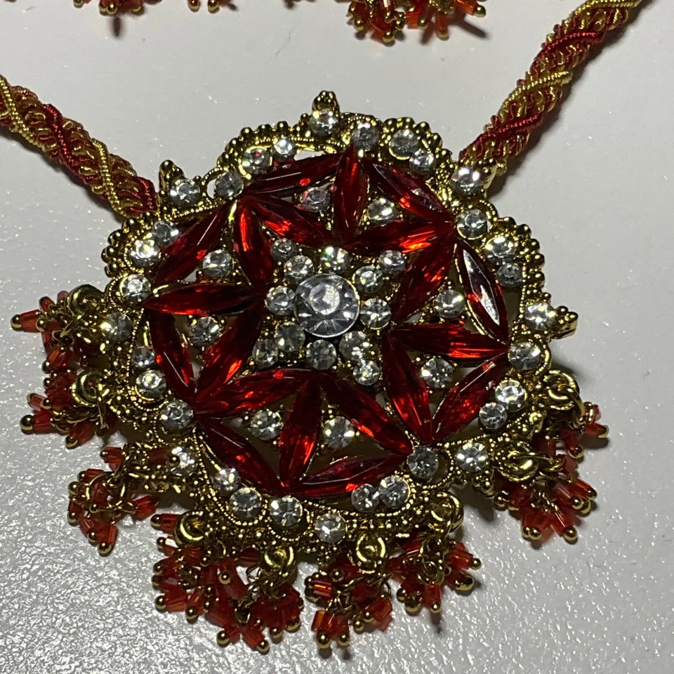 Красное золото заявление ожерелье серьги комплект со стразами цветочный ювелирных изделий Рождество - Изображение 2 из 4