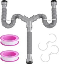 Double Sink Pipe Kit Expandable Flexible P-Trap for 1 1/2" or 1 1/4" Drains