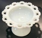 Vintage Fenton White Crest Milk Glass Compote Candy Dish Wide Scalloped Lattice