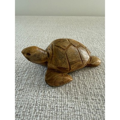 Vintage Hand Carved Small Wooded Sea Turtle Signed Maui Hawaiian 2004 Coastal