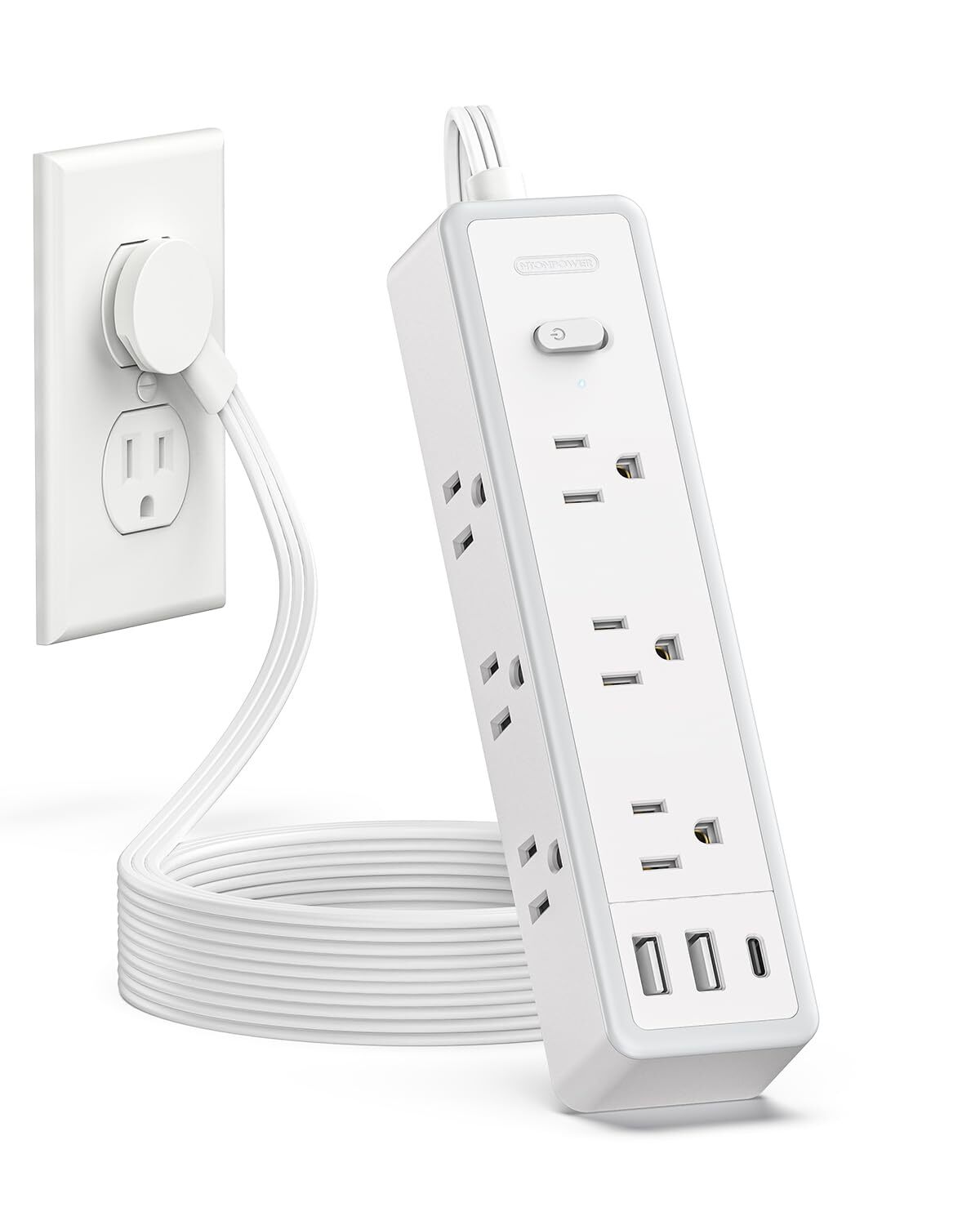 Power Strip Surge Protector, NTONPOWER Flat Extension Cord 10 FT, 10FT, White