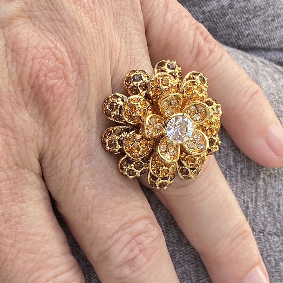 Vintage QVC Joan Rivers 3D Layered Crystal Flower Ring, Swarovski