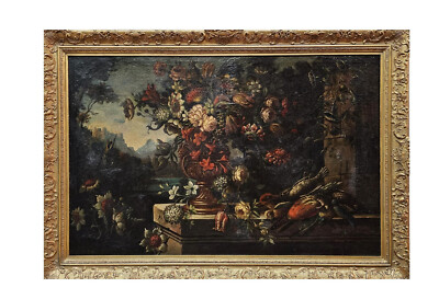 Gemälde   Still life with vase flowers and birds