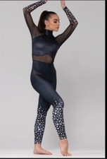 Weissman animal print unitard dancewear mesh leather look black XSA