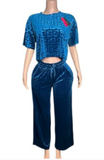 New Velour Women Designer Set Sweatpants  Top 2 Piece Set Sz S/M Velvet Blue