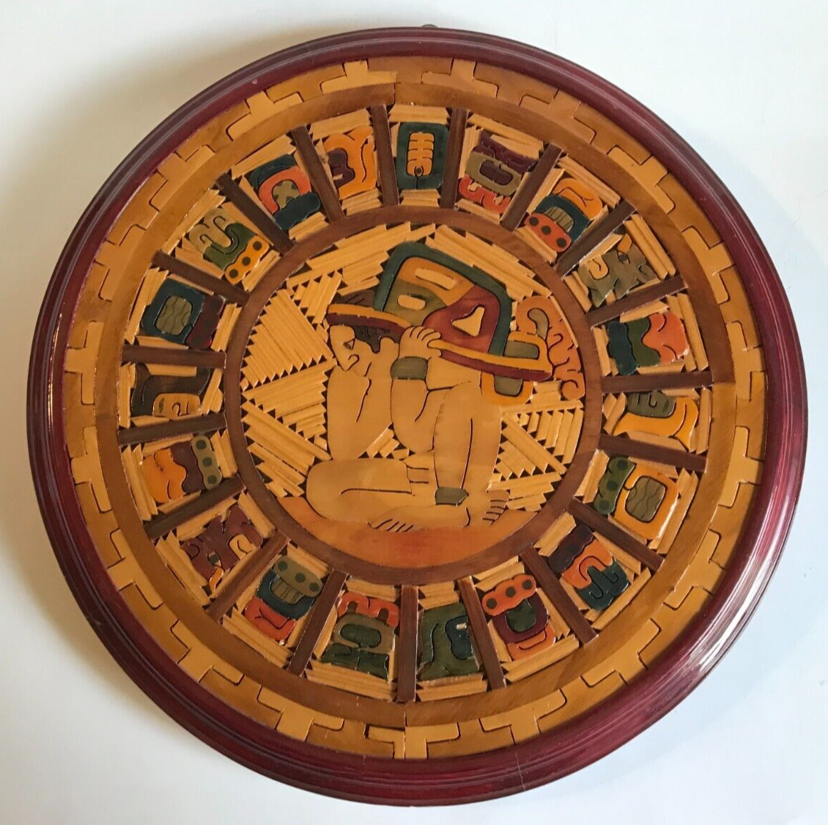 VINTAGE MAYAN ZODIAC INLAID WOOD CALENDAR ~ MEXICO ~ 12