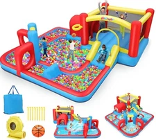 Inflatable Bounce House 9 in 1 Maze Water Park with Divided Splash Pool, Tunnel