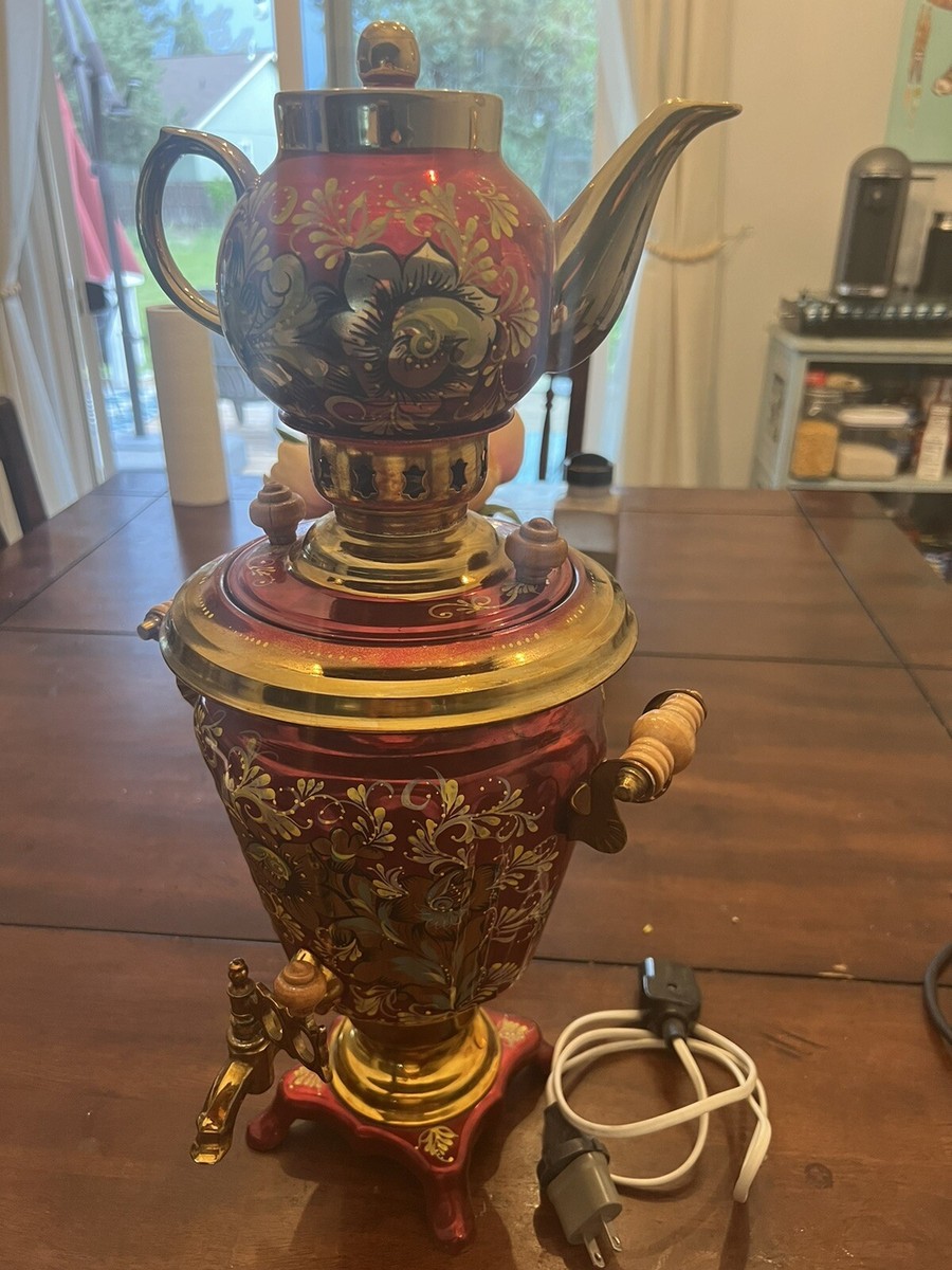 Vintage Russian Samovar w/ Teapot Floral Electric red n gold