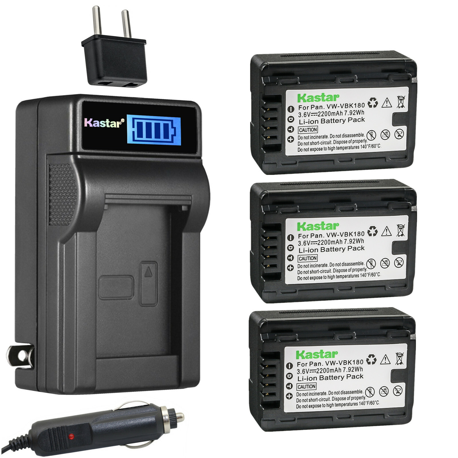 Kastar Battery LCD AC Charger for Panasonic VW-VBK180 VWVBL090 SDR-S45 SDR-S50PC