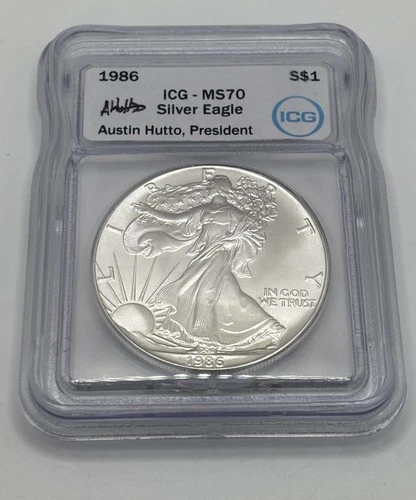 1986 $1 American Silver Eagle 1oz ICG MS70 Austin Hutto Signed