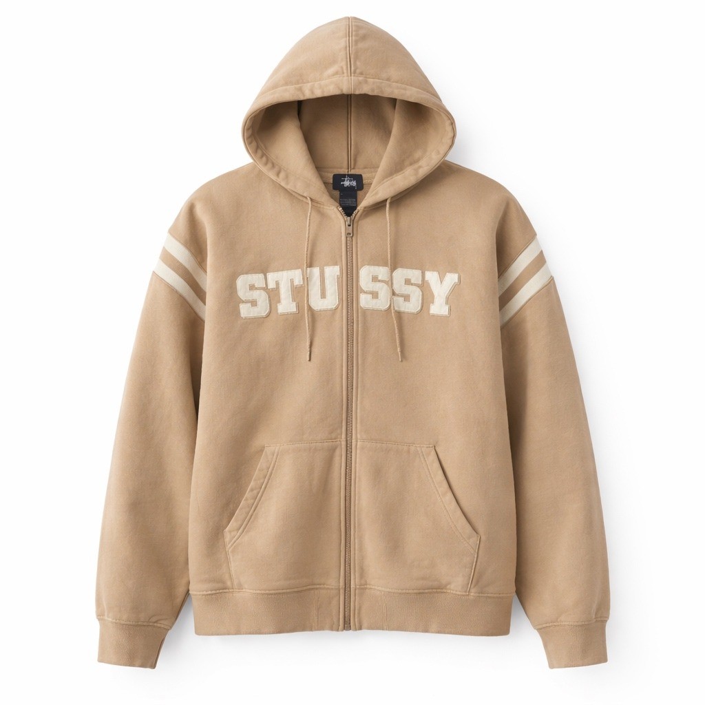 Vintage Stussy Sport Zip Hoodie Tan XL - Embroidered Varsity Knit