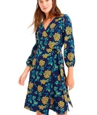 J CREW 0 Wrap Dress Navy Blue Golden Floral Print Knee Length Yellow V Neck 180