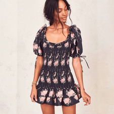 LoveShackFancy Violet Dress Black Pink Floral Silk Smocked Coquette Mini Medium