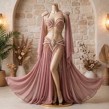 Luxury Egyptian Belly Dance Costume Pearl Beaded Bra  Skirt Set Chiffon