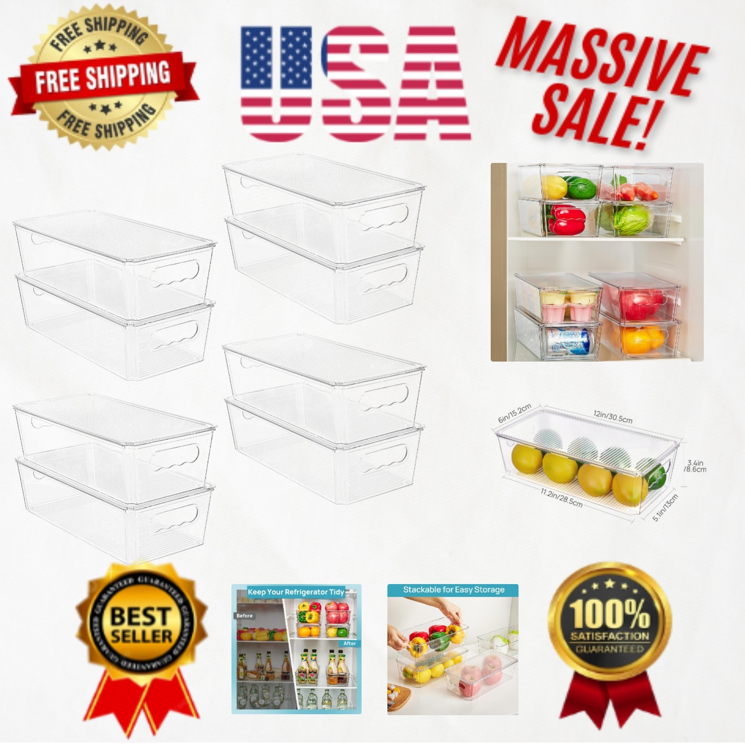 Clear Organizers Set of 8 - Durable Stackable Bins with Lids for Pantry & Fridge