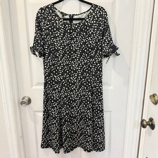 Talbots Petites Black White Polka Dot Tie Sleeve Dress Size LP Large Classic