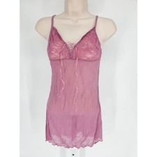 Vintage Y2K Womens Sz M Sheer Nightie Nightgown Mauve Purple Lace Mesh