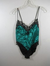 Vintage Lady Cameo Dallas Shiny Satin Lace Teddy Green Bodysuit Romper