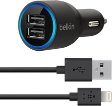 Belkin Dual Port Car Charger 10 Watt Per Port And Apple Cable 4ft - Black
