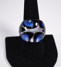 Hand Blown Glass Ring Cobalt Blue  Black w/ Silver Size 8.75