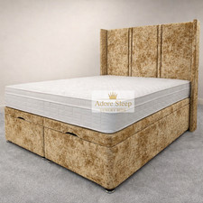 Image of Luxury Winged Crushed Velvet Solid Ottoman Gas Lift Storage Bed All Colours Size