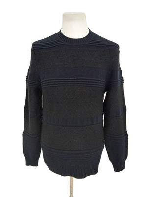 M&S Men's Jumper Size S Navy Mix Wool Mix Crew Neck Textured Striped Stretch New
