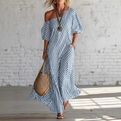 casual off the shoulder maxi dress Flowy Loose Maxi Dress Women Striped Off Shoulder Puff Sleeve Casual Long  Dress