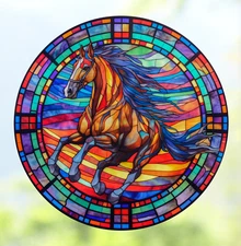 Colorful Horse Faux Stained-Glass WINDOW CLING Size 8" Round Vinyl