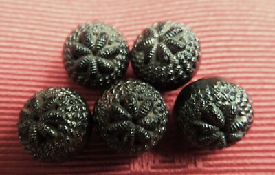 Antique JAIS SILVER BALL BUTTON TRIMMINGS SET 5 BUTTONS 19th century Ø: 1cm