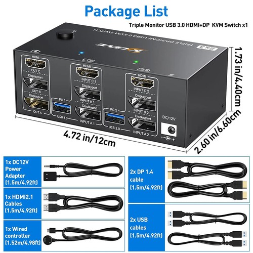 Triple Displayport/HDMI USB3.0 KVM Commutateur 2 PC Share 3 Moniteurs 4 Ports USB 3.0 - Photo 16/21