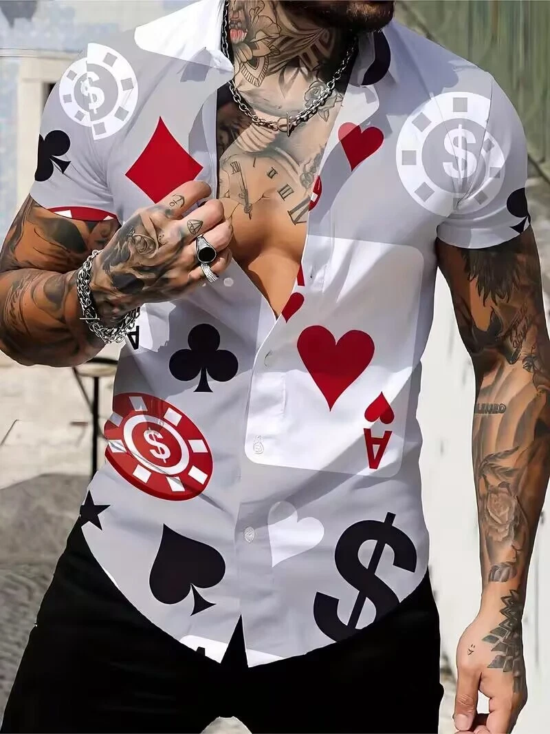 Stylish Poker Graphic Print Shirt Casual Short Sleeve Button Up Shirt - Picture 1 of 3