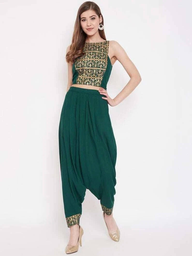 Women Gorgeous Green Printed Top With Trousers & Attached Dupatta, Ready to  Wear Saree, Indo Western Dress, Dhoti Saree Set, Indian Suit Set - Etsy