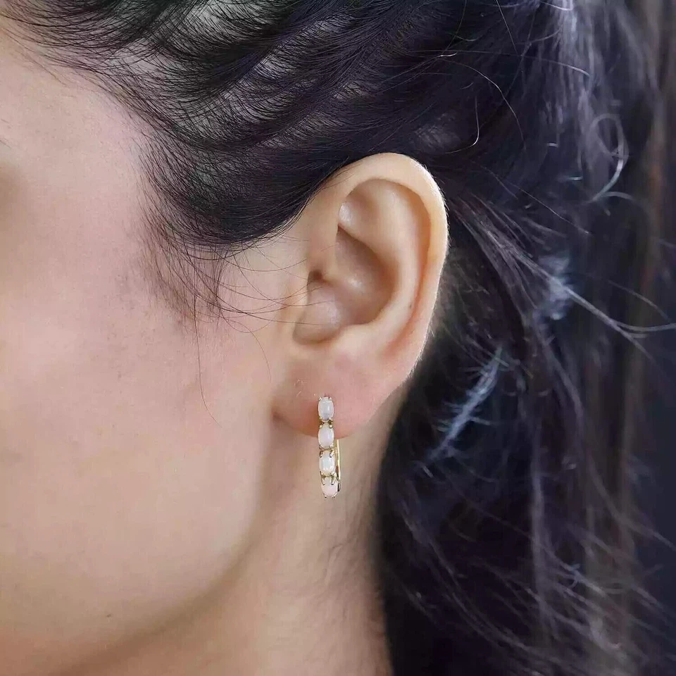 2 Ct Oval Cut Simulated Fire Opal Huggie Hoop Earrings In 14k Yellow Gold Plated - Image 3 of 4