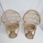 Vtg Lot of 2 Mini Wicker Peacock Fan Back Rattan Chair Plant Stand Boho Decor 16
