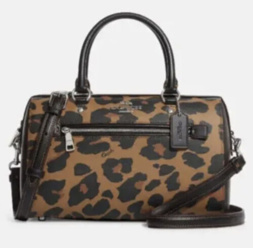 COACH Rowan Satchel Crossbody Strap Handbag Bag Leopard Print Black Brown NWT - Afbeelding 1 van 5