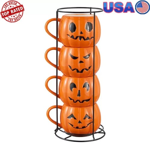 Halloween Pumpkin Stoneware Mug Set W/ Iron Rack Stackable Dishwasher