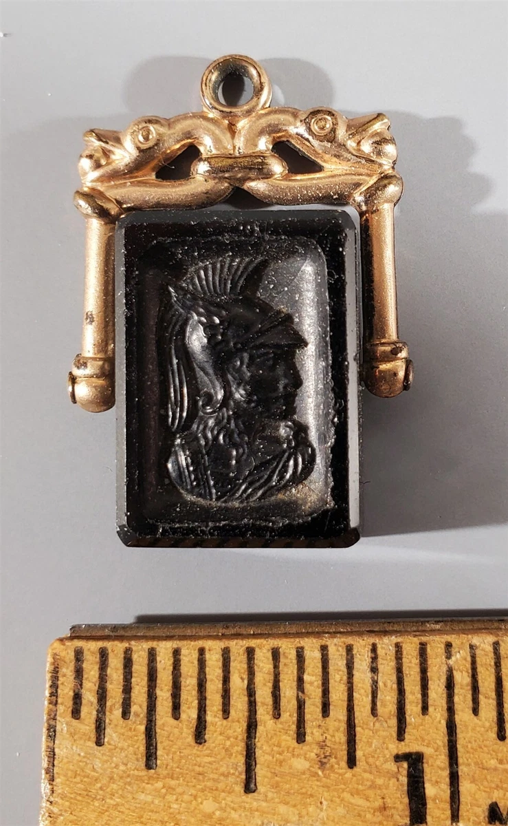 ANTIQUE GOLD FILL POCKET WATCH FOB W SWIVEL CARVED ONYX INTAGLIO ROMAN SOLDIER