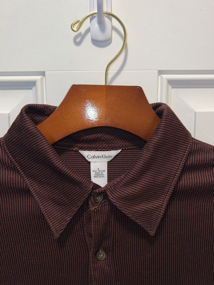 Calvin Klein Mens Cotton LS Button Up Dark Brown Striped Dress Shirt