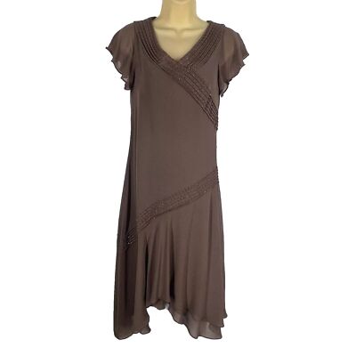 Adrianna Papell Brown Dress 4 Flutter Sleeve Handkerchief Beaded Boho  Classic | eBay