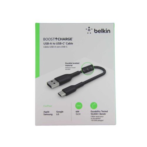 BELKIN BOOST CHARGE USB-C TO USB-A CABLE BRAIDED 15CM TYPE C BLACK CAB002BT0MBK  - 第 1/3 張圖片