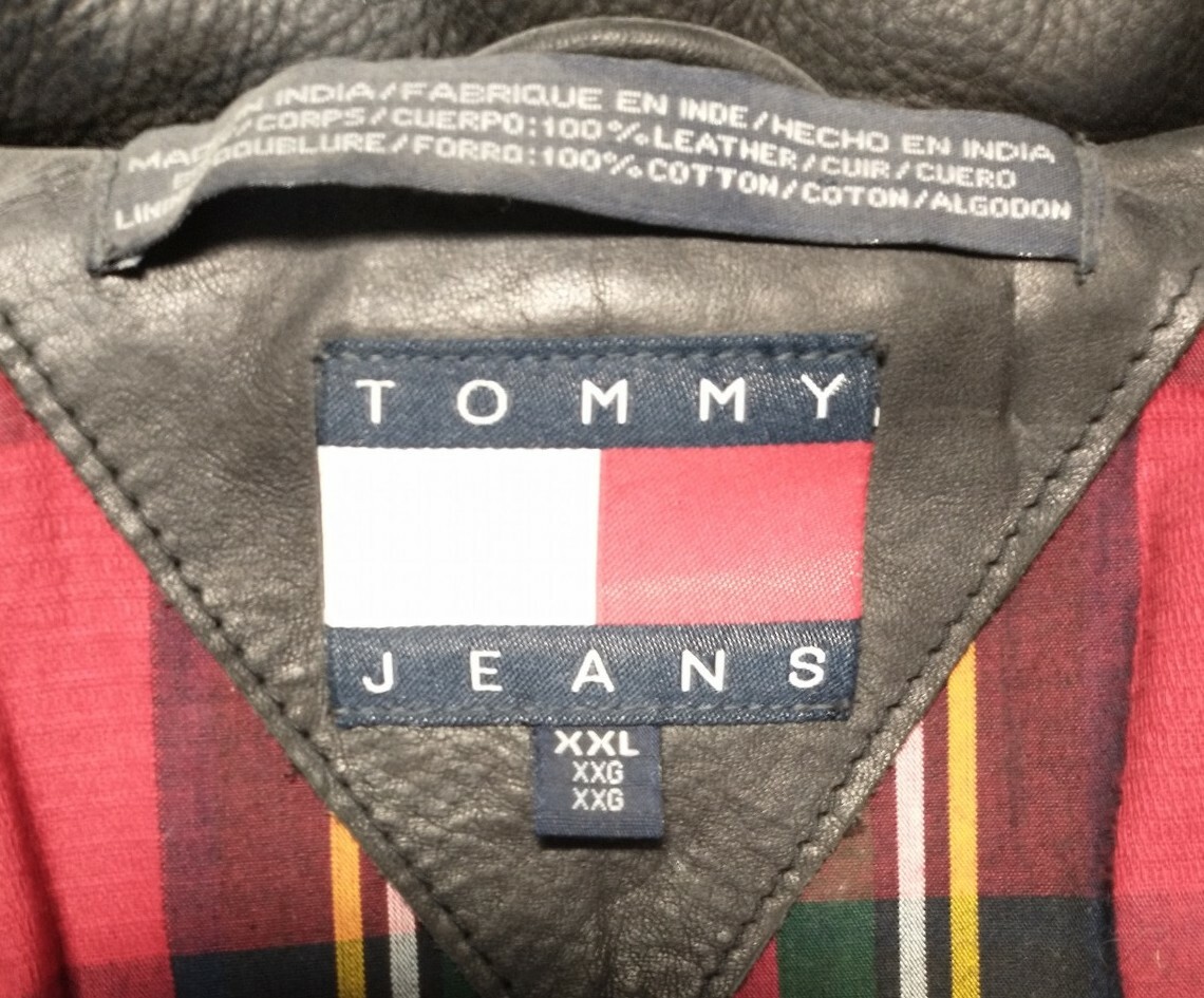 Tommy Hilfiger, Tommy Jeans, Black Leather Biker Jacket, XL, Vintage 90's, Rare image 2