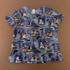 Disney Women's Medium Gray Mickey  Minnie Mouse Halloween 3 Pocket Scrub Top