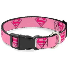 Buckle-Down Plastic Clip Dog Collar - Supergirl Shield Pink DC - 1" Wide New