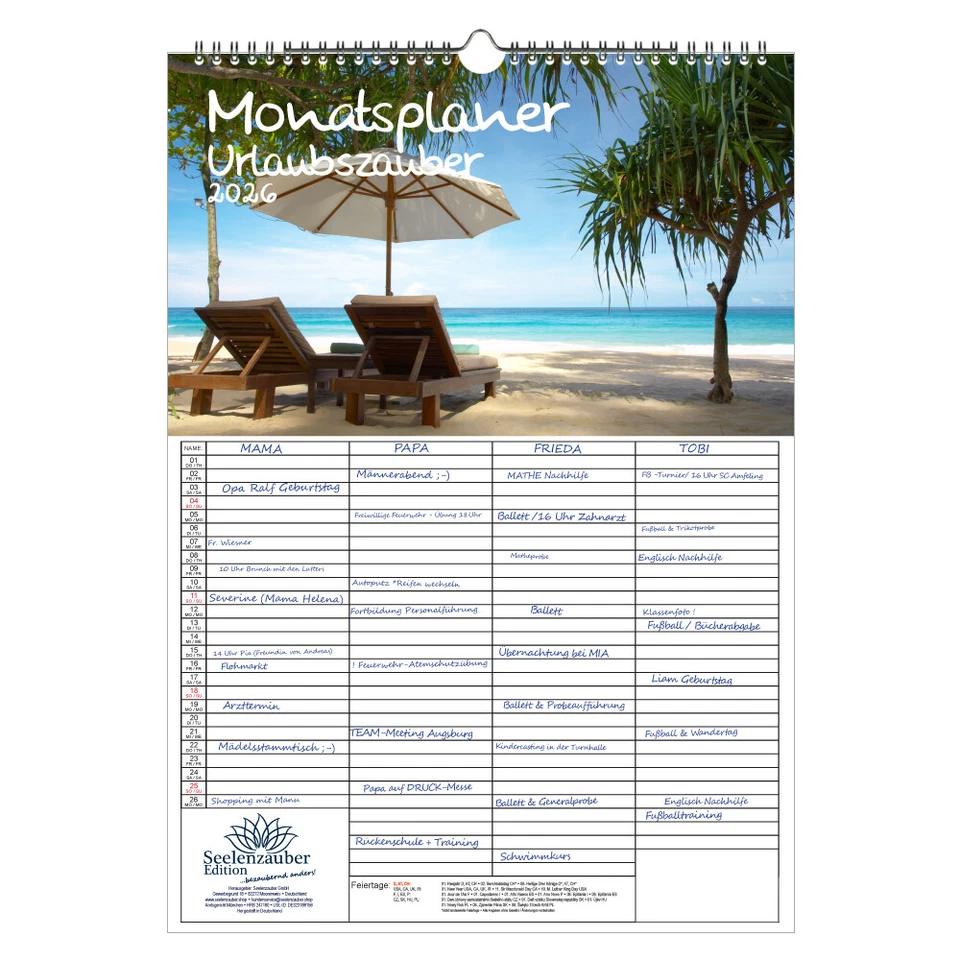 SEELENZAUBER GMBH Urlaubszauber Planer Familienplaner 4 Spaltenplaner DIN A3 Kalender für 2026 Fer