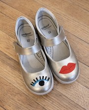 Pediped Silver Mary Jane Kids Shoes EU 32 Eye Lips Embroidered Flats